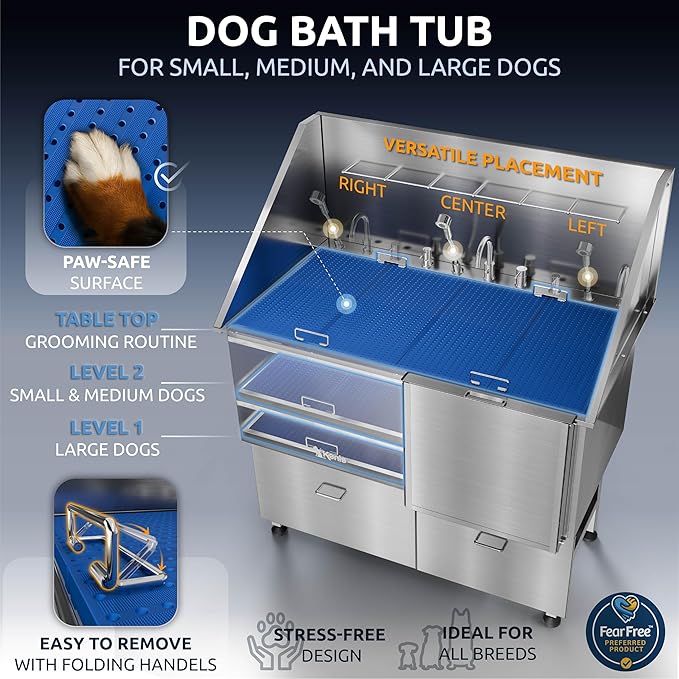 KANIS Professional Dog Washing Station - 304 Stainless Steel Pet Wash Sink & Grooming Bath Tub for Home with Ramp, Shower, Floor Grate, Storage Drawers, and Faucet for Large, Medium & Small Pets