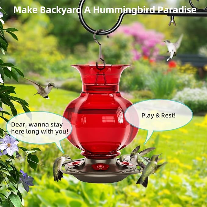 Auslar Hummingbird Feeder, Red Glass Hummingbird Feeders for Outdoors Hanging with Ant Moat, 5 Simulation Flowers Feeding Ports, 23 Ounces, Rustproof, Fade Proof, Pomegranate Shape