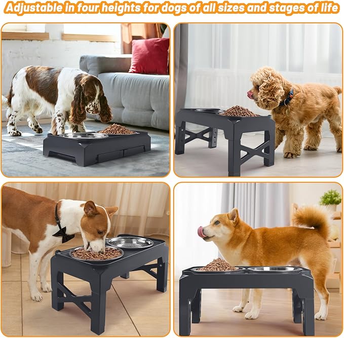 Hubulk Elevated Dog Bowls with 2 Stainless Steel Dog Food & Water Raised Bowls with No Spill Edge Non-Slip Stand Adjusts to 3 Heights(2.75", 6.0", 7.5") for Small Medium Dogs and Pet
