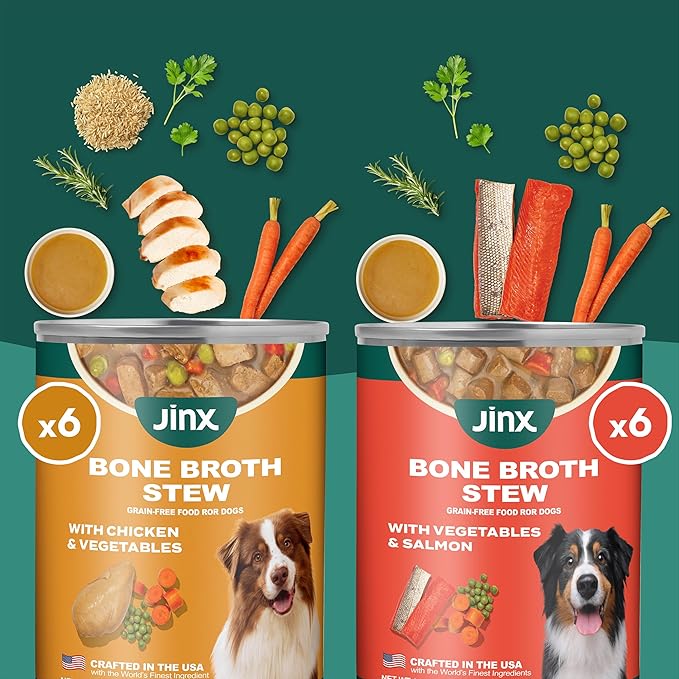 Jinx Bone Broth Stew for Dogs, Variety Pack - Chicken & Salmon Recipes - Grain-Free Wet Dog Food & Topper for Picky Eaters - Promotes Lean Muscle Growth, Healthy Coat & Digestion - 13 Oz, 12 Pack
