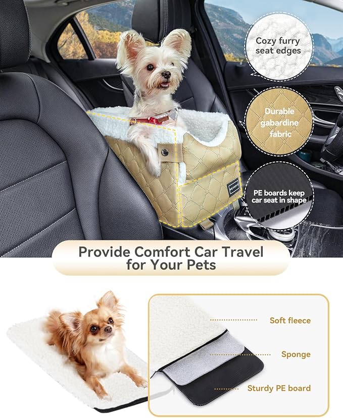 PETSFIT Dog Car Seats for Small Dogs with Safe Protection Hooks, Small Dog Car Seat with Upgraded Safety Tethers, Washable Cushion, Center Console Dog Car Seat (Yellow)