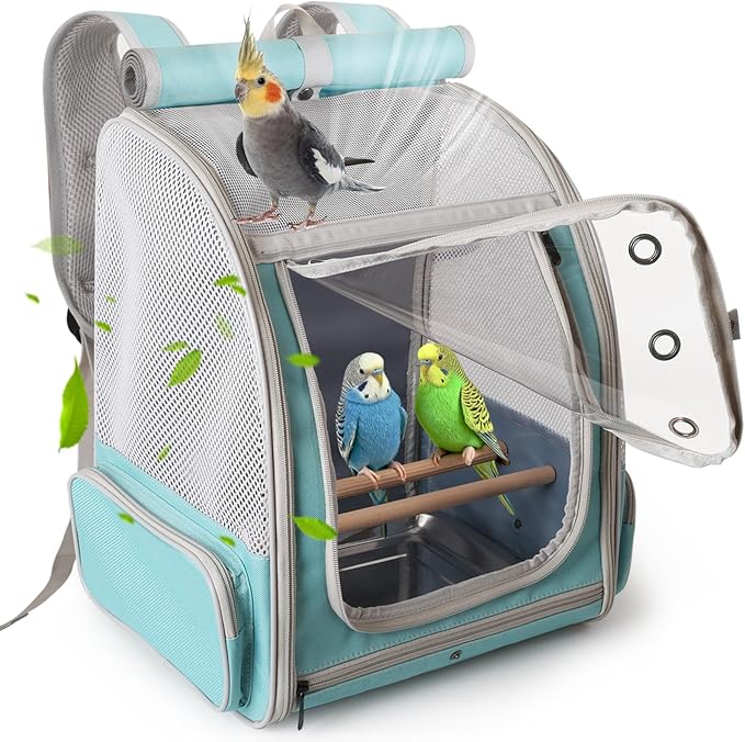halinfer Bird Backpack Carrier Cage, Front Zipper Opening Portable Bird Travel Bag with Standing Perches and Metal Tray, Vented Carry Transport Carrier for Parakeet, Budgie, Conure, Cockatiel, Parrot