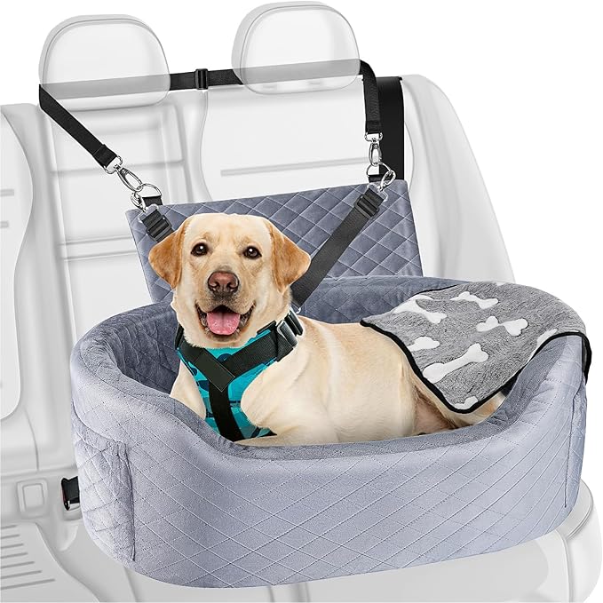 Dog Car Seat for Medium Large Dogs Up to 25.59", 28D High-Density Memory Foam with Waterproof Cover, Pet Travel Bed with Storage Pockets, Blanket, Dog Safety Belt, Grey