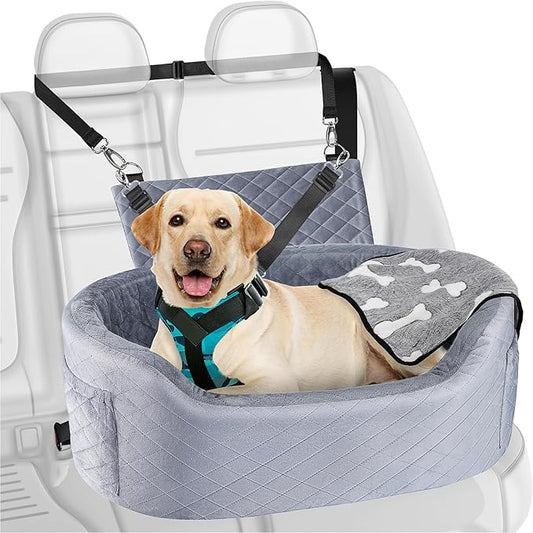 Dog Car Seat for Medium Large Dogs Up to 25.59", 28D High-Density Memory Foam with Waterproof Cover, Pet Travel Bed with Storage Pockets, Blanket, Dog Safety Belt, Grey