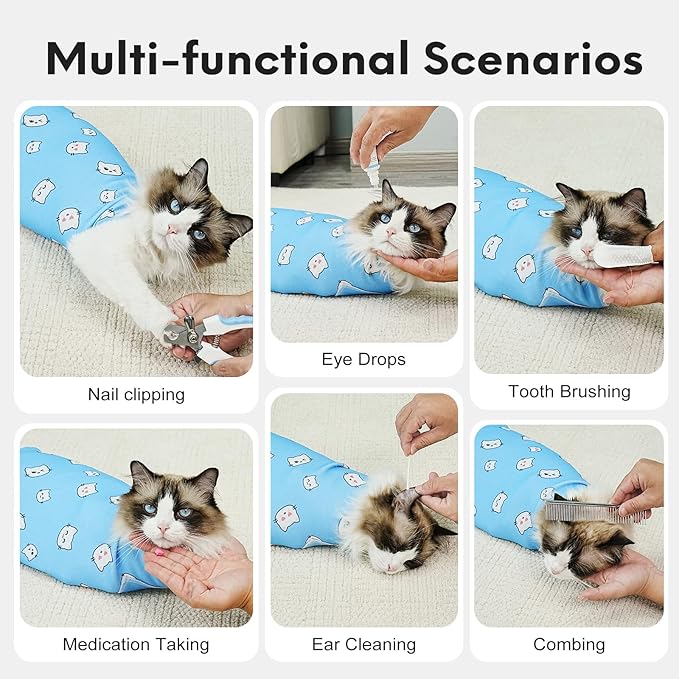 Cat Wrap for Cutting Nails, Self-Adhesive for Grooming, Anti-Scratch Cat Swaddle Wrap for Medicine, Nail Clipping, Teeth Brushing, Ear Cleaning