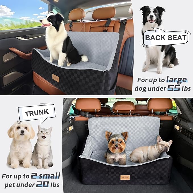 JOEJOY Dog Car Seat for Medium/Large Dogs - Reversible Dual-Sided Travel Dog Car Bed with Memory Foam, Washable Pet Booster Seat for Dogs up to 55 lbs or 2 Small Dogs, 2 Safety Leashes (Black/Grey)