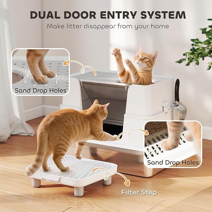 PawHut XL Stainless Steel Litter Box with Lid, Extra Large Top & Side Entry Enclosed Litter Box for Big Cats with 100° Flip Top, Scoop, Step, Odor Free, Easy Cleaning, Non-Sticky, Anti Leakage