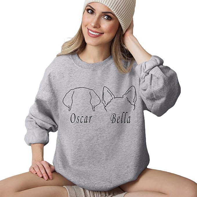 Custom Dog Mom Shirt for Women Pet Ears Sweatshirt with Name Unique Puppy Line Art Cute Dad Hoodie for DogDad Owner Lover