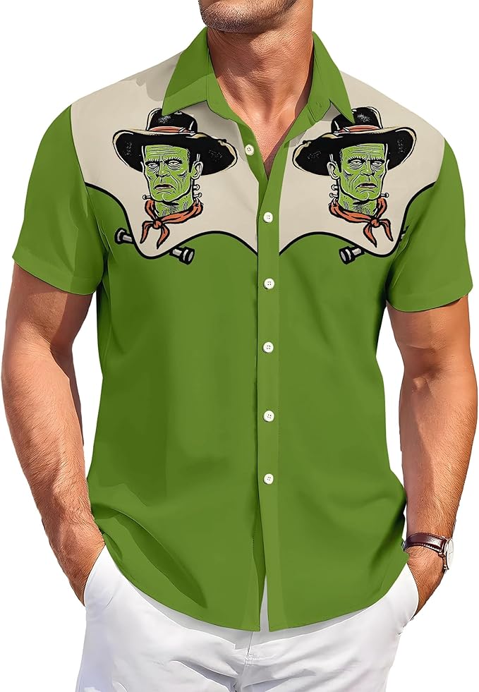 Men’s Hawaiian Shirt Western Cowboy Symmetrical Print Short Sleeve Button Down Casual Beach Holiday Summer Shirt