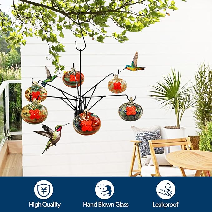 Hummingbirds Feeder for Outdoor Hanging (6 Feedind Balls),Hand Blown Glass Feeder with S Hook,Never Leak,Garden,Backyard,Patio Decor,Humming Birds Gifts