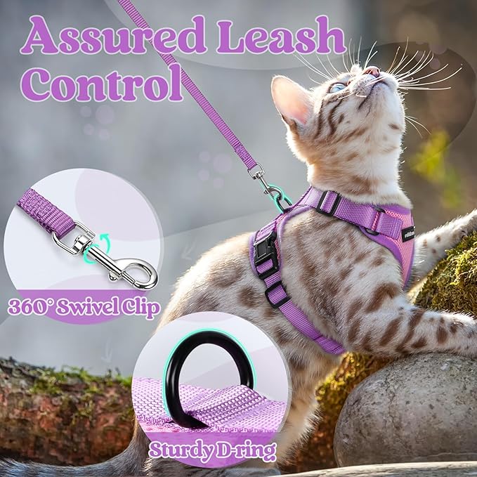 rabbitgoo Cat Harness and Leash Set, Escape Proof Soft Adjustable Vest Harnesses for Outdoor Walking, Easy Control Breathable Kitten Jacket with Reflective Strips, Pink & Purple, XS