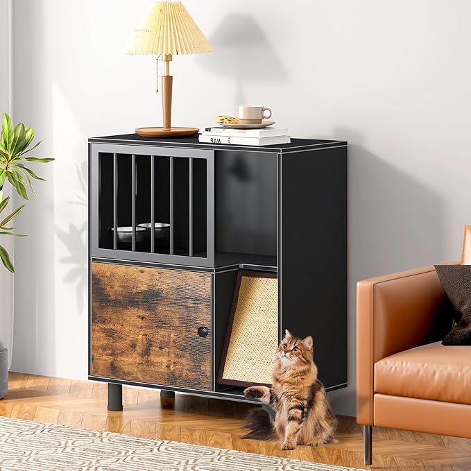 Dog Proof Cat Feeding Station, Cat Feeding Station with Scratching Board, Raised Bowls for Indoor Cats, Elevated Food Bowls with Stand, Vintage Black Furniture