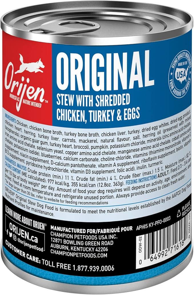 ORIJEN Real Meat Shreds Wet Dog Food Original Stew Recipe 12.8oz Cans (12 Count)