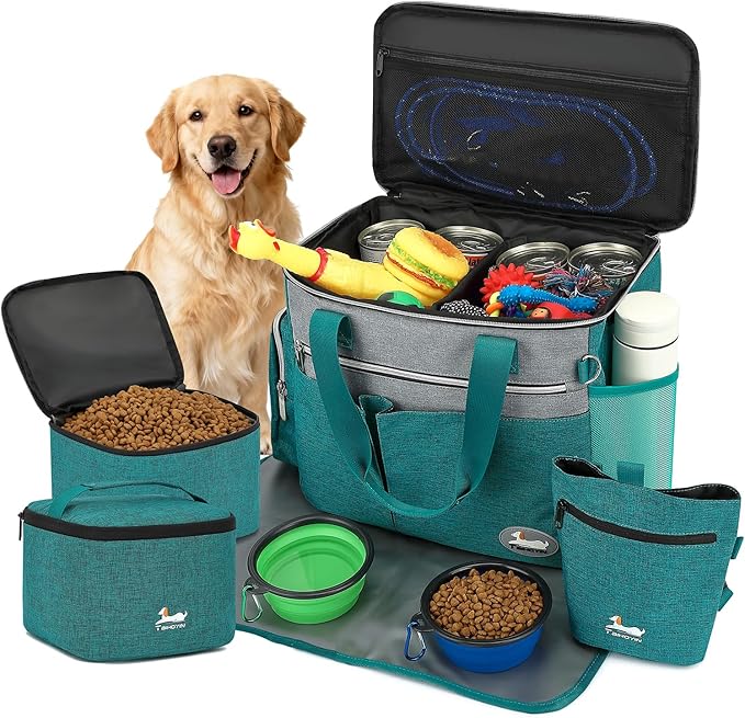 Dog Travel Bag for Pet Kit for Supplies with 2 Food Storage Containers 2 Collapsible Bowls 1 Feeding Mat 1 Dog Treat Pouch 7-Piece Set Perfect Road Trips Camping Weekend or Doggy Gift, Teal