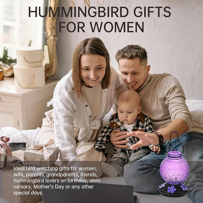 Glass Hummingbird Feeders for Outdoors Hanging, 23Oz Humming Bird Nectar Feeders with Perch, 5 Flower Feeding Ports, Leak Proof Base and Hook for Garden Decor, Gifts for Mom Women (Purple)