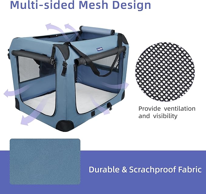 Petprsco Soft Collapsible Dog Crate, 40 inch Portable Dog Crates for Large Dogs, XL Dog Crate for Travel, 3 Door Foldable Pet Kennel with Durable Mesh Windows Indoor & Outside