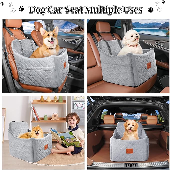 Dog Car Seat for Small/Medium Dogs up to 35 lbs, Memory Foam Pet Booster Seat with Detachable Washable Cover, Portable Pet Bed for Cars with Safety Belts and Storage Pockets(Grey, Medium)