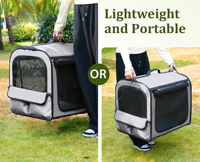 pecute Dog Car Carrier Stable and Light Weight, Expandable Extra Space Dog Carrier for Cars, Breathable Dog Car Crate, Foldable Pet Carrier for Both Indoor and Outdoor Use, Pet Travel Crate Gray