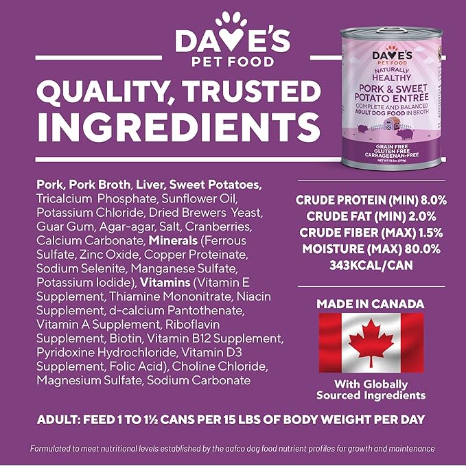 Dave’s Dog Food Grain Free Dog Food Wet (Pork & Sweet Potato in Broth), Made in Canada Naturally Healthy Canned Topper, Gluten Free, 13.2 oz (12 Pack)