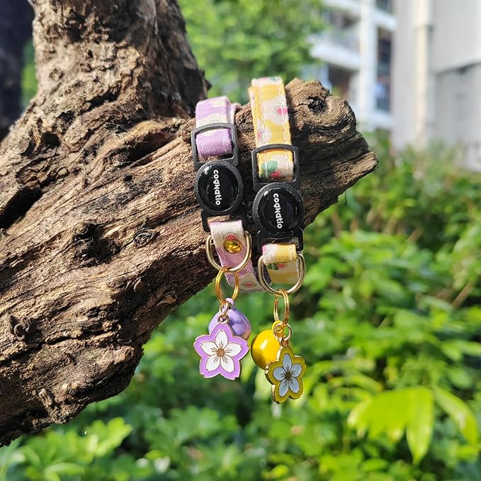 2 Pack Cotton Breakaway cat Collars with Bell,Safety Quick Release Pendant Cute Kitten Collar,Adjustable 20-30cm (Lilac+Lemon, 20-30cm)