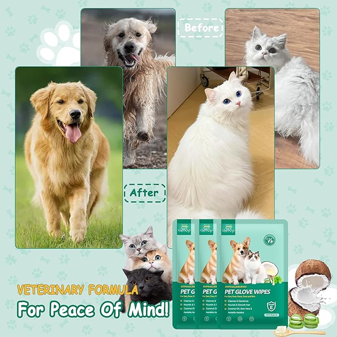 10 PCS Pet Cleaning and Deodorizing Bathing Grooming Glove Wipes for Dogs and Cats, Extra Thick Nourish Fur No-Rinse Grooming Wipes for Daily Care and Travel, Hypoallergenic