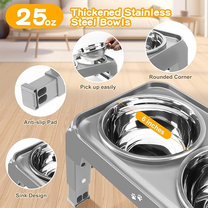 COMESOON Elevated Dog Bowls for Small Medium Dogs, 3 Height Adjustable Raised Stand with 2 Thick 6" Stainless Steel Food Bowls, Non-Slip Feeder Adjusts to 2.75", 6", 7.5", Grey