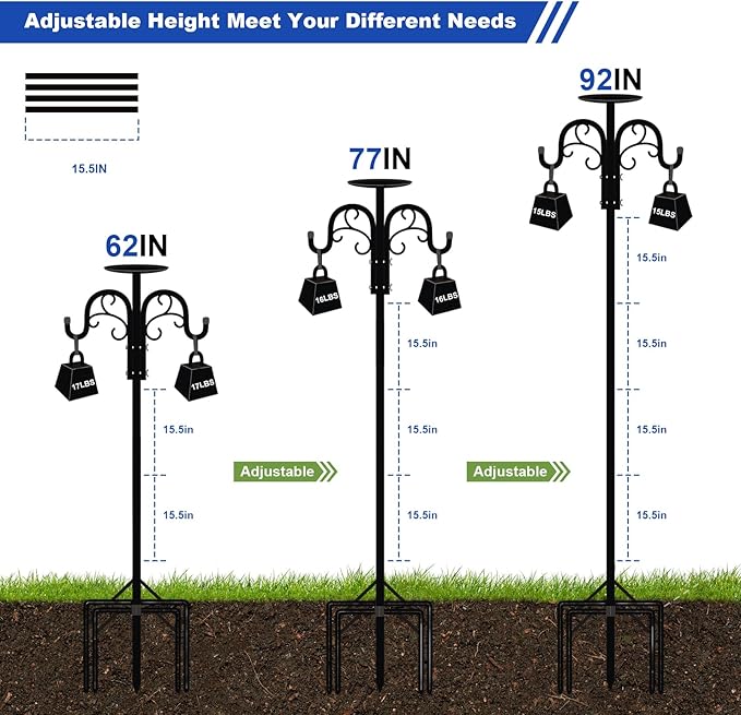 Double Shepherds Hooks for Outdoor Heavy Duty, Adjustable Shepherds Hook, 2 Pack 92 inch with 5 Prongs Base, Garden Hooks for Hanging Bird Feeders, Hanging Plants, Solar Light Lantern