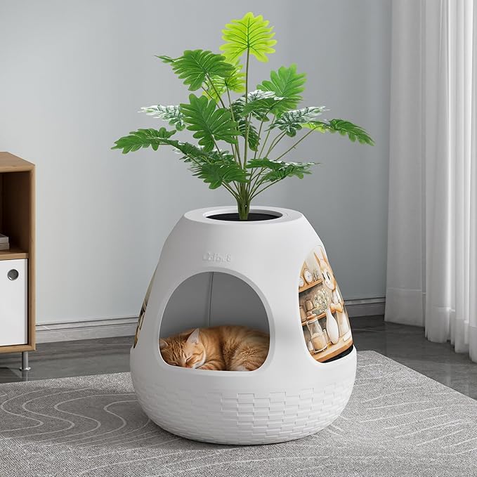 Copod8 Cat Cave, 3-in-1 Kitty House Condo with Plant, Cat Cushioned Bed, Cat Scratchers, Modern Cat Pet Furniture for Indoor, Kitty Hiding Spot (White, M)