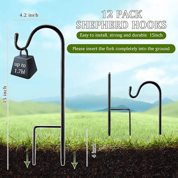 15inch 12 Pcs Adjustable Shepherds Hook for Outdoor Metal Rust Resistant Steel Shepard Hooks for Bird Stand Feeder Pole, Weddings Decor, Garden Plant Basket, Outside Hanging Solar Lights