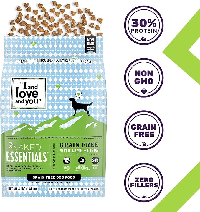 I and love and you Naked Essentials Dry Dog Food - Lamb + Bison - High Protein, Real Meat, No Fillers, Prebiotics + Probiotics, 11lb Bag