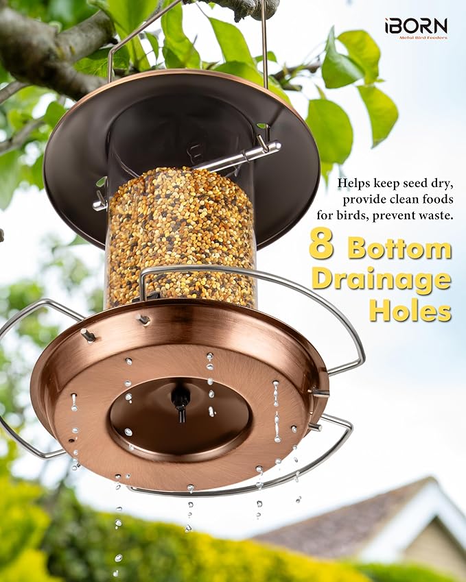 iBorn Bird Feeder Metal Squirrel Chew-Proof Bird Feeders for Outdoors Hanging Outside for Cardinal, Holds 1.5LB Seed with 3 Perchs, Brushed Copper (Seed is not Included)