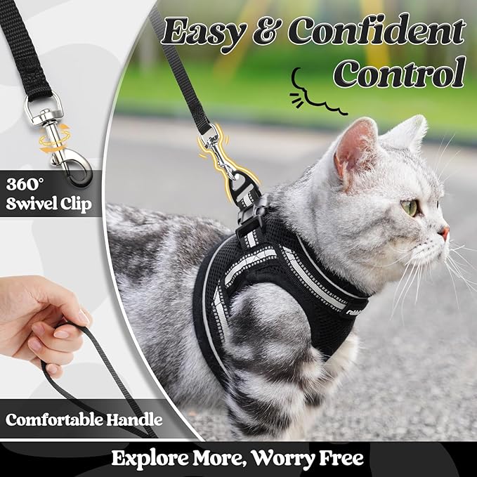 rabbitgoo Cat Harness and Leash Set for Walking Escape Proof, Adjustable Soft Kittens Vest with Reflective Strip for Cats, Comfortable Outdoor Vest, Black, XL