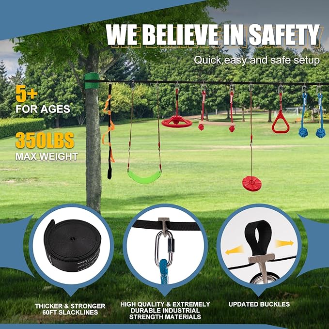 Slsy 60FT Ninja Warrior Obstacle Course (13 Obstacles), Ninja Slackline Kit for Kids, Durable Playset Equipment with 13 Most Complete Set-Monkey Bar,Swing, Balance Belt, Climbing Ladder & Net