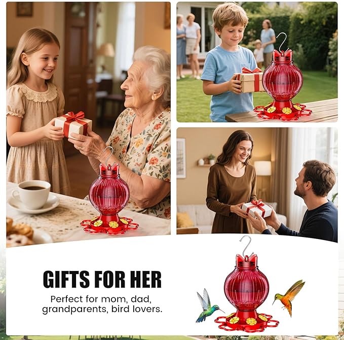Hummingbird Feeders for Outdoors, 26Oz Hanging Hummingbird Feeder with 6 Feeding Ports and Perches, with Ant Moat, Bird Feeder for Outside Garden Decor Backyard, Gifts for Women Mom, Red