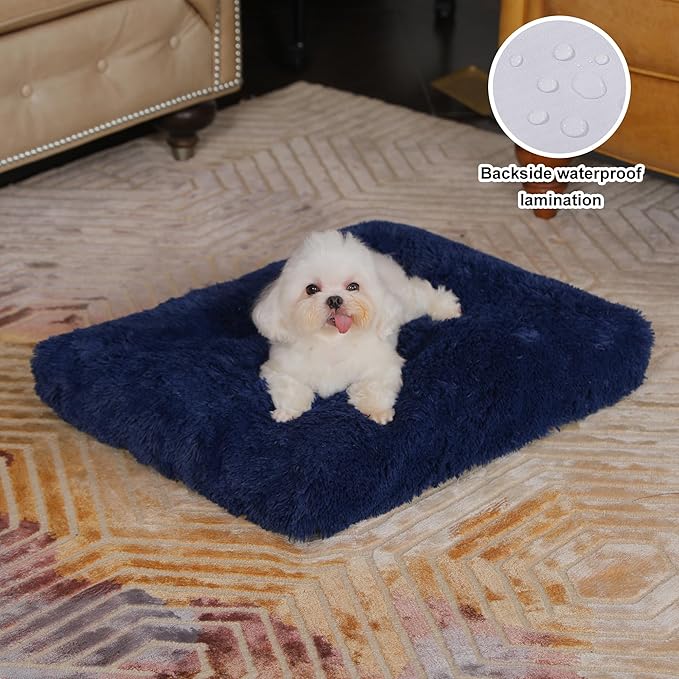 Bedfolks Waterproof Dog Crate Pad, Plush Dog Kennel Bed with Removable Cover, Faux Fur, Washable, 21"x13", Dark Blue