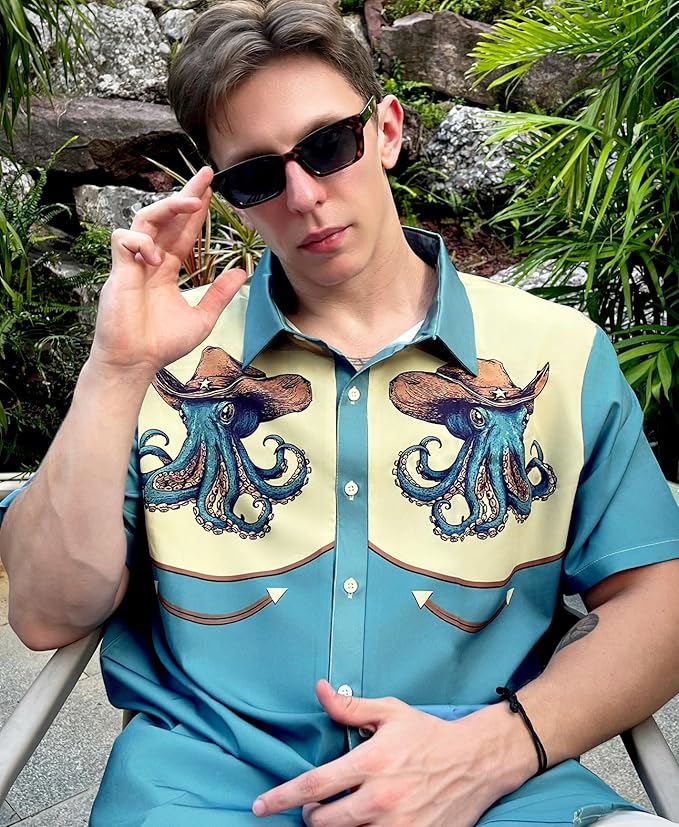 Men’s Hawaiian Shirt Western Cowboy Symmetrical Print Short Sleeve Button Down Casual Beach Holiday Summer Shirt