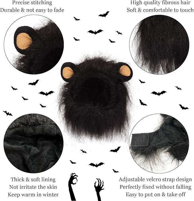Cat Halloween Costumes - Lion Mane Wig for Cats & Puppies, Adjustable Pet Cosplay Apparel Kitten Outfits for Halloween Christmas Cat Birthday Party (Black)