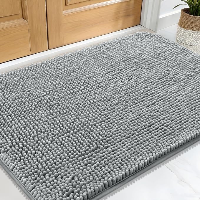 OLANLY Dog Door Mat for Muddy Paws 24x16, Absorbs Moisture and Dirt, Absorbent Non-Slip Washable Doormat, Quick Dry Chenille Mud Mat for Dogs, Entry Indoor Entryway Carpet for Inside Floor, Grey