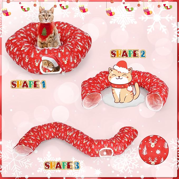 Christmas Cat Tunnel Bed for Indoor Cats Under Christmas Tree Skirt Tube with Hanging Ball Plush Cat Cave, Washable Holiday Pet Gift Toy & Gift for Kittens(Elk)