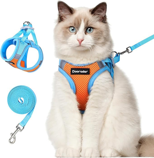 Dooradar Cat Harness and Leash Set, Escape Proof Lightweight Kitten Harness, Soft Breathable Reflective Vest for Outdoor Walking Traveling, Adjustable for Large Cats, Orange & Blue, L