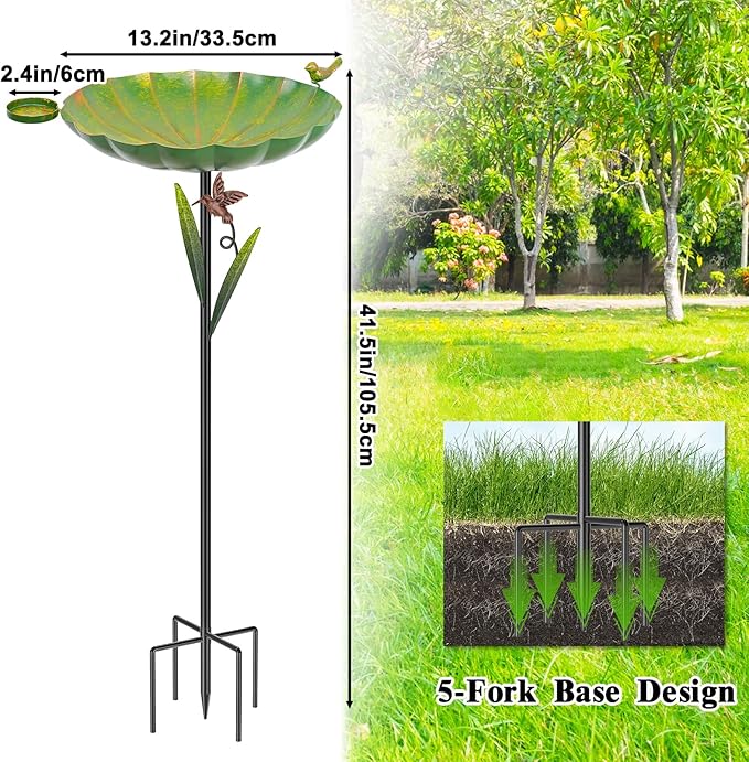 Metal Bird Bath for Outside, Detachable Birdbath Sturdy 5-Prong Stake Base with Bowl & Decorative Birds, Durable Iron Garden Birdbath Feeder for Outdoor Garden Yard Patio Decor(Retro Green)