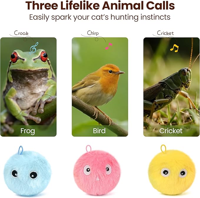 Chirping Cat Toy Balls-Upgraded 3-Pack Fluffy Interactive Kicker with 3 Lifelike Animal Sounds,Battery-Operated,Auto-Activated,Perfect for Indoor Kitty Kitten Exercise,Stimulates Play,Durable Design