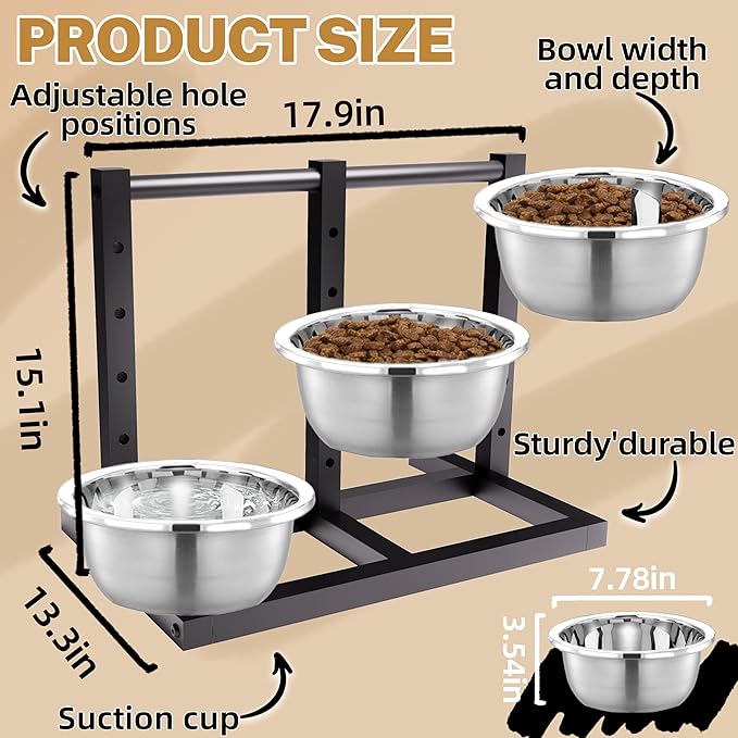 Elevated Dog Bowls Stand Large Breed Metal Raised Dog Bowls Small/Medium/Large Sized, Feeding Station with 5 Heights Adjustable,3 Food Water Bowl Feet with Non-Slip Feet