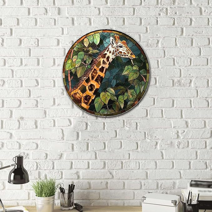 Lygond Metal Sign Tin Sign Circular Stained Glass Giraffe Funny Sign for Patio 12×12 Inches