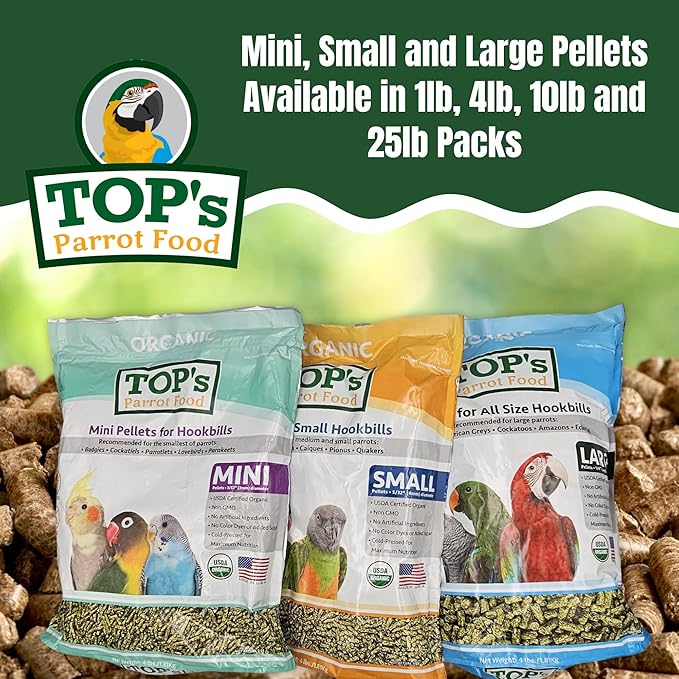 TOP's Parrot Food Bird Pellets for Small Hookbills - Non-GMO, Peanut Soy & Corn Free, USDA Organic Certified (4lbs)