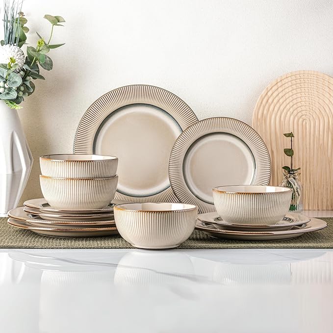 GBHOME Ceramic Dinnerware Sets, 18 Piece Embossed Elegant Stoneware Plates and Bowls Sets, Housewarming Wedding Gift | Dishwasher & Microwave Safe | Dishes Set Service for 8