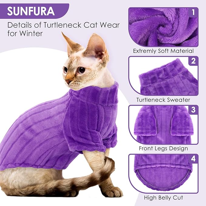 SUNFURA Sweaters for Cats, Hairless Sphynx Sweater Kitten Pullover with Sleeves, Warm and Soft Cat Pajamas Fleece Sweatshirt Jumpsuit, Turtleneck Clothes for Fall Winter, Purple S