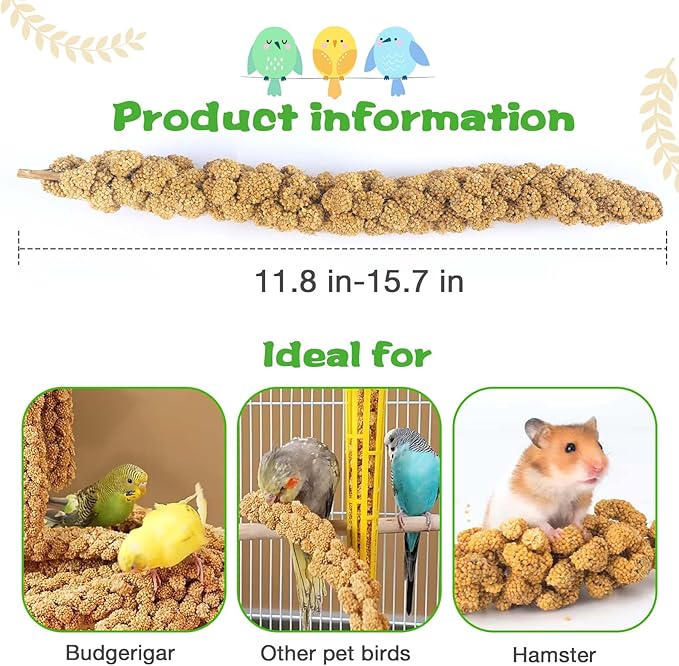Millet for Birds 1.2LB, Natural Sun-Dried Spray Seed No Stems Only Edible Tops for Parakeet, Budgies, Finches, Cockatiels, Parrots, Lovebird, Hamster and Other Pets Treat