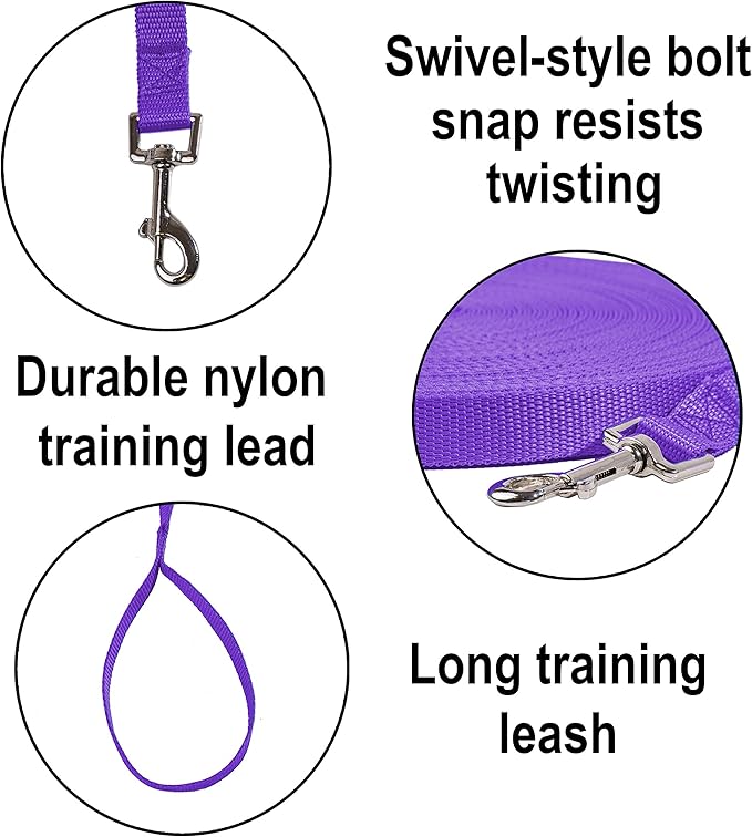 Hi Kiss Dog/Puppy Obedience Recall Training Agility Lead - 15ft 20ft 30ft 50ft 100ft Training Leash - Great for Training, Play, Camping, or Backyard Purple 100 Feet