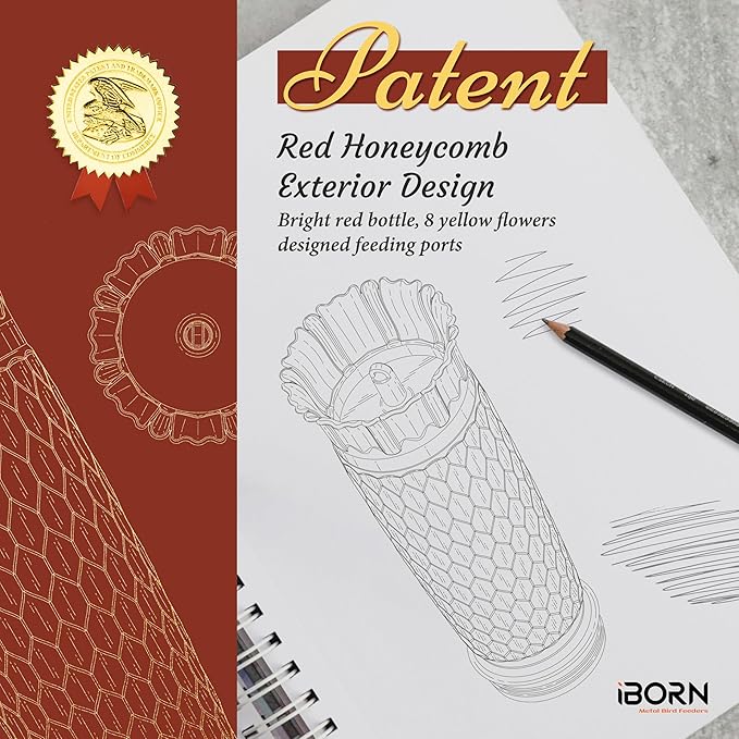 iBorn Hummingbird Feeders for Outdoors 16OZ Bird Feeders for Outdoors Hanging, Hummingbird Feeder with 8 Bee Guard Feeding Ports & Built-in Ant Moat, Silicone Flower, Red Honeycomb Exterior